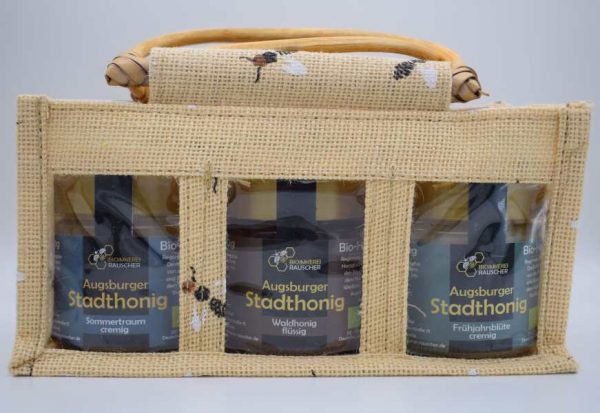 Dreierlei. Schöne Tasche mit 3 verschiedenen Honig. Sommerhonig, Waldhonig, Frühjahrshonig