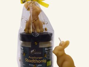 Mitbringsel Ostern kaufen. Geschenkset mit Bio-Honig und Bienenwachskerze Osterhase aus Augsburg