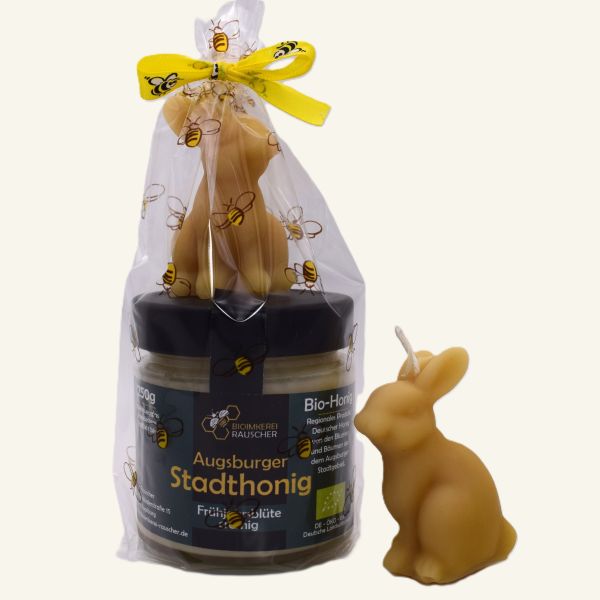 Mitbringsel Ostern kaufen. Geschenkset mit Bio-Honig und Bienenwachskerze Osterhase aus Augsburg
