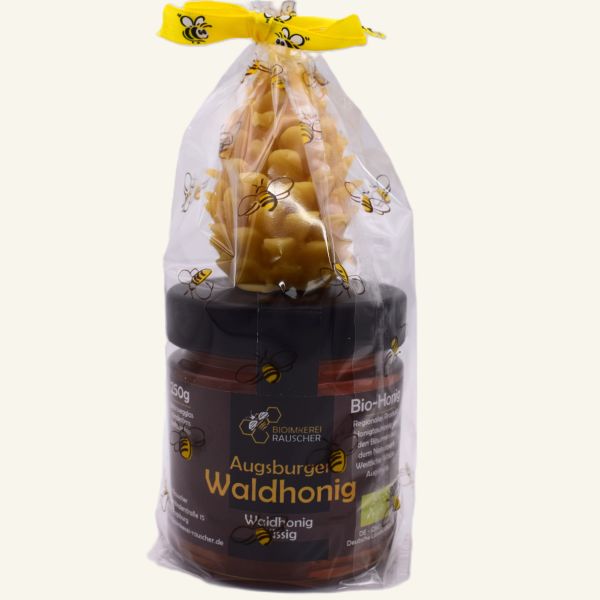 Mitbringsel Waldhonig Geschenkset mit Bio-Waldhonig und Bienenwachskerze aus Augsburg