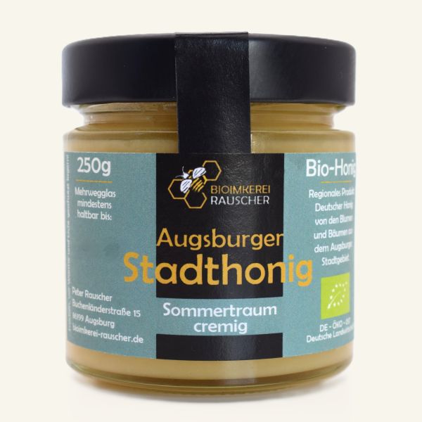 Bio-Honig Augsburger Stadthonig Sommertraum cremig im 250g Mehrwegglas von Bioimkerei Rauscher