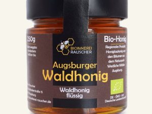 Augsburger Waldhonig im 250 g Glas – Bio-Waldhonig flüssig von der Bioimkerei Rauscher, Naturpark Westliche Wälder Augsburg.