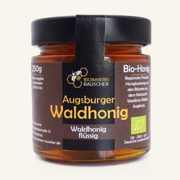 Augsburger Waldhonig im 250 g Glas – Bio-Waldhonig flüssig von der Bioimkerei Rauscher, Naturpark Westliche Wälder Augsburg.