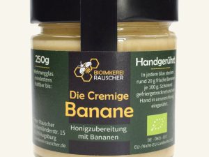 Die Cremige Banane von Bioimkerei Rauscher: Bio-Honigzubereitung mit Bananen im 250-g-Glas, Vorderseite des Etiketts