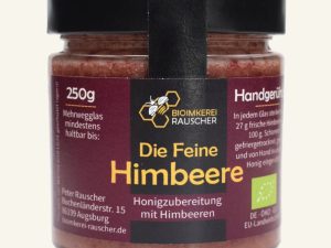 Die Feine Himbeere von Bioimkerei Rauscher: Bio-Honigzubereitung mit Himbeeren im 250-g-Glas, Vorderseite des Etiketts